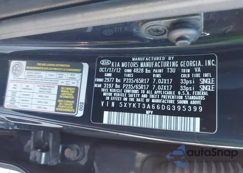 2013 Kia Sorento Lx from USA, damaged, VIN 5XYKT3A66DG395399